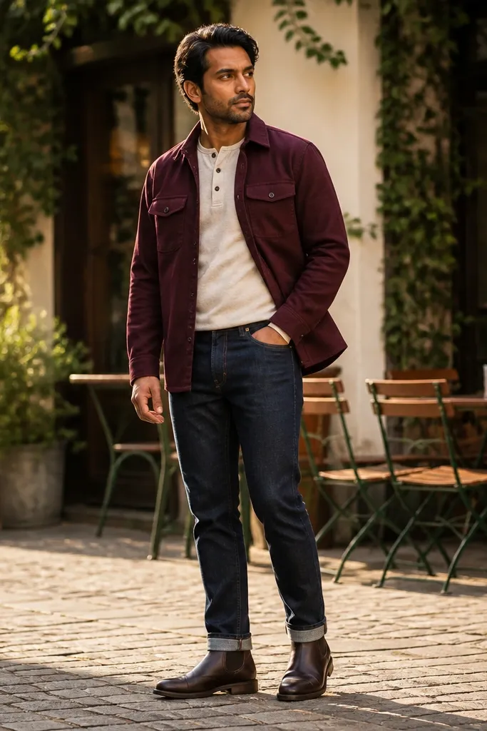 A fall outfit with a burgundy overshirt over an ecru henley, dark brown Chelsea boots, and black or very dark jeans. The lighting shows the boots' suede texture.