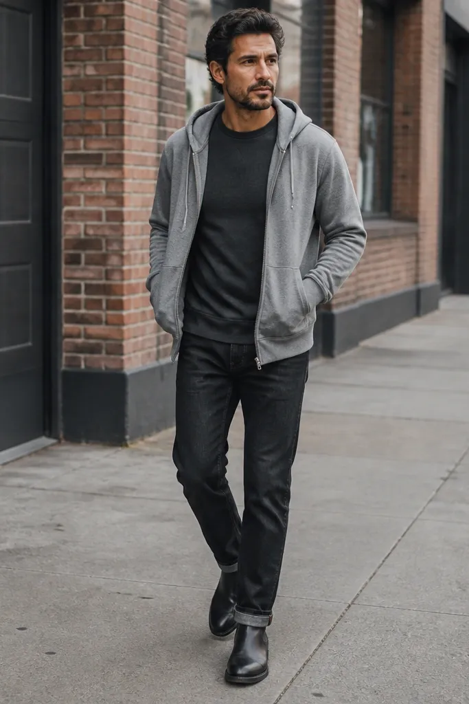 A monochrome look with black denim jeans, a medium grey hoodie, and black Chelsea boots. The hoodie is slightly cropped or tucked at the front with a clean silhouette.