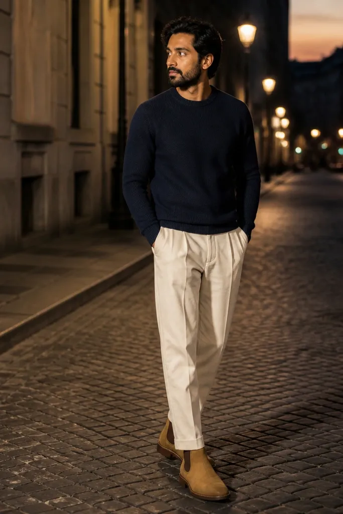 A light outfit with cream trousers, a navy crewneck sweater, and tan suede Chelsea boots. The image shows the trousers breaking cleanly over the boot top.