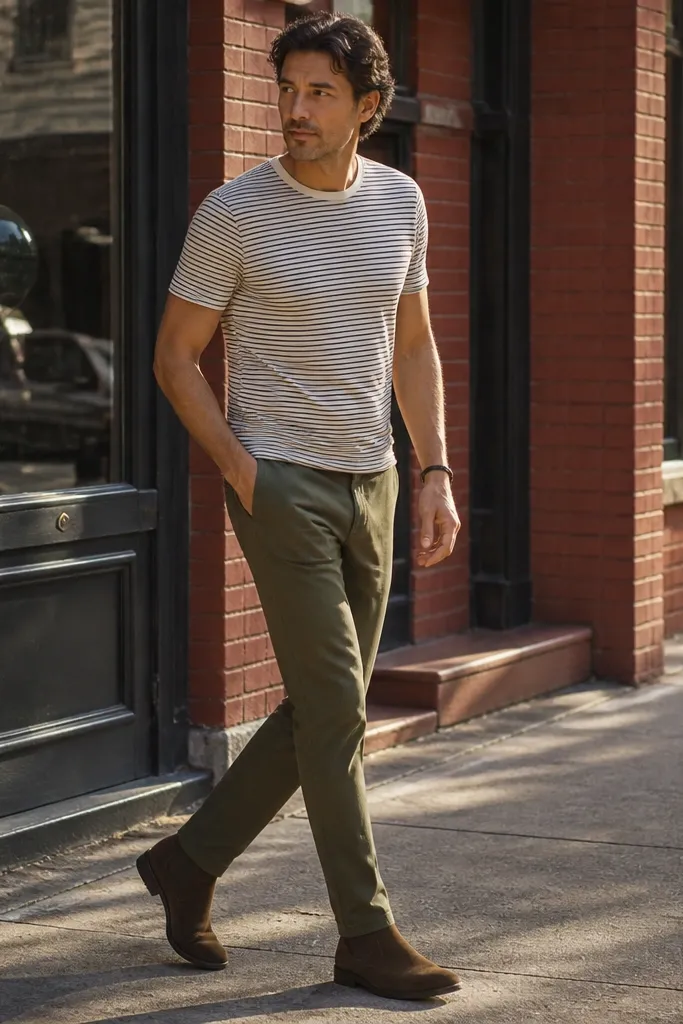 A casual striped T-shirt worn with an olive chino and dark brown Chelsea boots. The stripes are narrow and the shirt looks slightly fitted.
