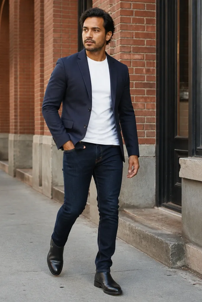 A smart-casual look with a navy blazer over a white crew tee, slim dark jeans, and black Chelsea boots. The blazer sleeves are neatly fitted.