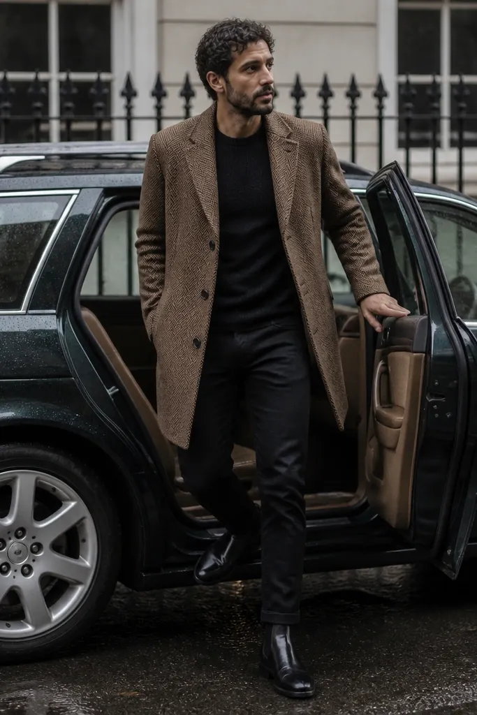 Cold-weather styling with a brown car coat over a dark sweater, black jeans, and black Chelsea boots. The coat hem sits at mid-thigh.