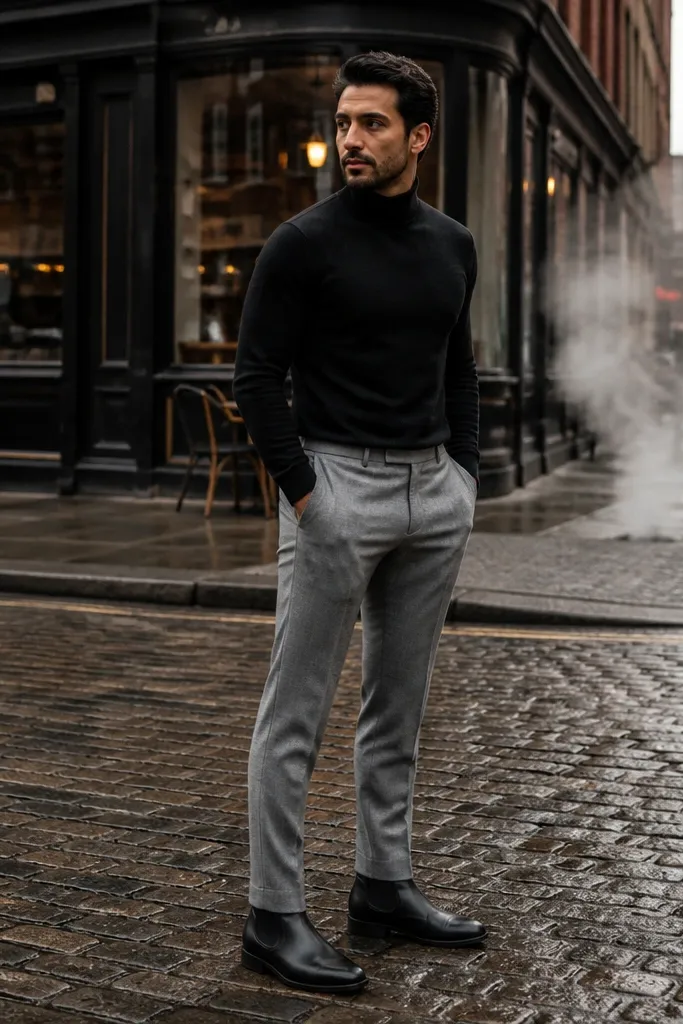 A refined casual outfit: light grey wool pants, a fitted black turtleneck, and black Chelsea boots. The pants break cleanly with a slight taper.