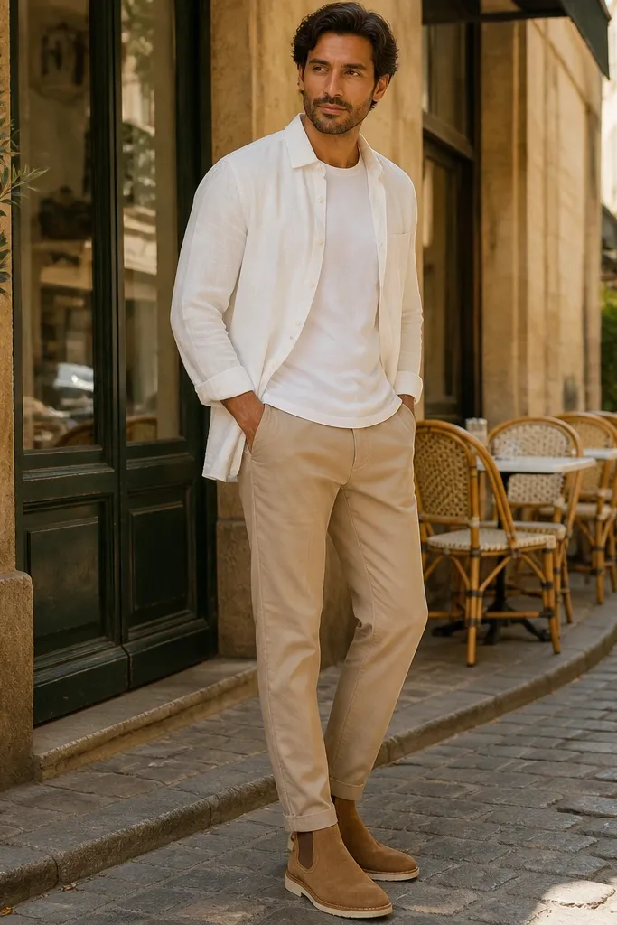 A warm-weather outfit with a slightly rumpled white linen button-down, tan chinos, and tan suede Chelsea boots. The shirt is worn open over a white tee.