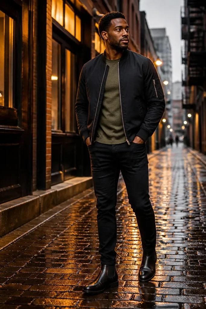 Streetwear look with a black bomber jacket, olive green T-shirt, dark jeans, and black Chelsea boots. The bomber has ribbed cuffs and a clean collar.