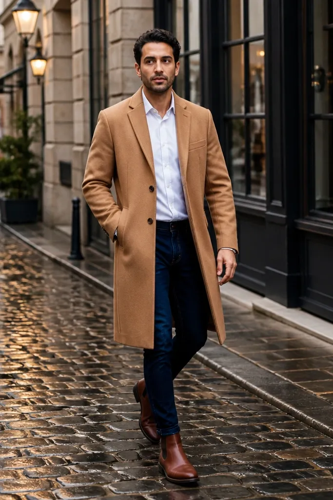 A fall/winter outfit featuring a camel overcoat, dark indigo jeans, and brown leather Chelsea boots. The shirt is light and the coat hem hits mid-thigh.