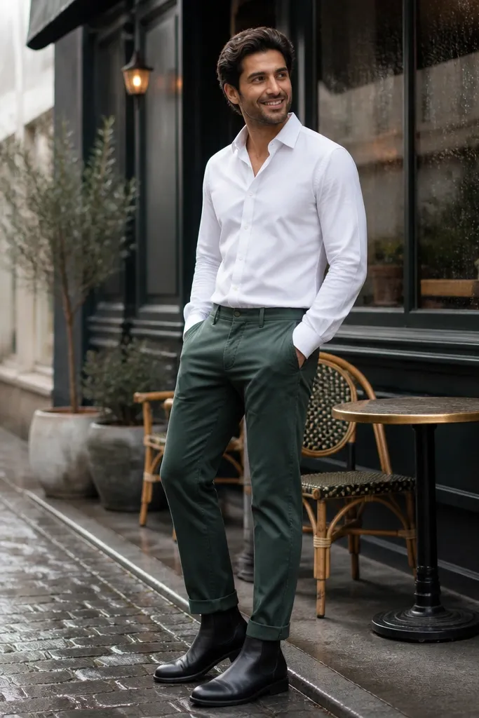 A crisp casual look with forest green chinos, a white button-down shirt worn untucked, and black Chelsea boots. A simple leather belt is visible.