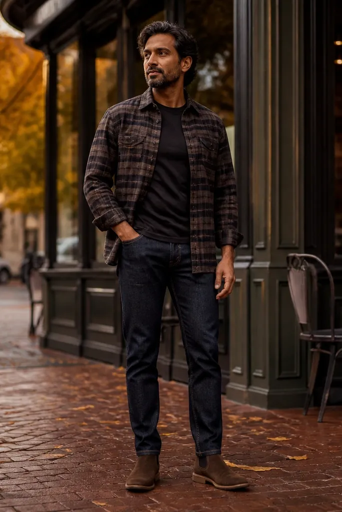 A fall flannel outfit with a dark plaid or striped flannel over a tee, dark jeans, and dark brown suede Chelsea boots. The flannel is open at the front.