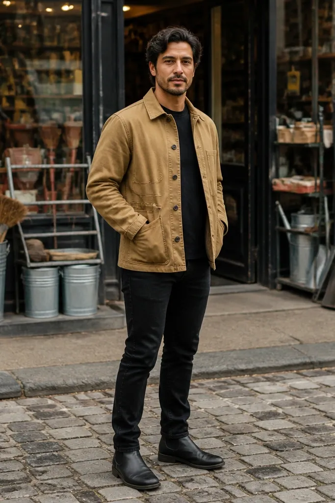 A casual workwear vibe: tan chore jacket over a black T-shirt, black jeans, and black Chelsea boots. The jacket has visible pockets and a sturdy collar.
