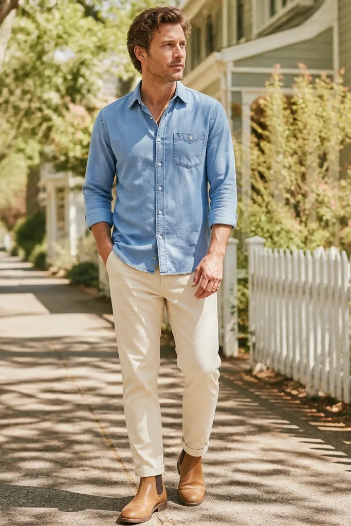 A spring outfit with a light blue denim button-up, ecru chinos, and tan Chelsea boots. The shirt is worn half-tucked with sleeves rolled.