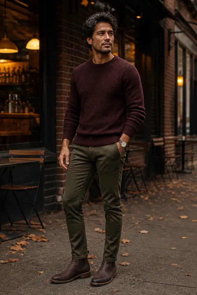 A cozy cold-weather outfit: burgundy knit sweater, dark olive trousers, and dark brown Chelsea boots. The sweater is tucked at the front and the pants break cleanly.