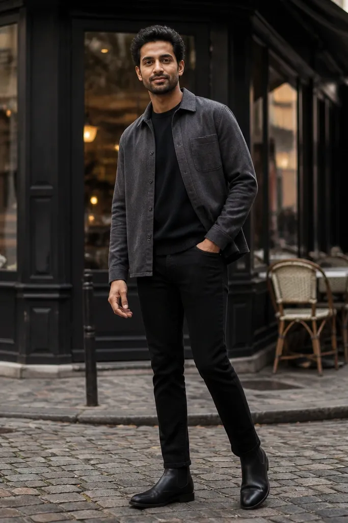 An outer layer look with a medium grey overshirt over a black tee, black jeans, and black Chelsea boots. The overshirt has a button front and structured collar.