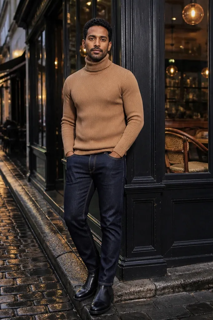 A cold-weather look with a camel turtleneck sweater, dark jeans, and black Chelsea boots. The turtleneck is fitted and the jeans are slim.