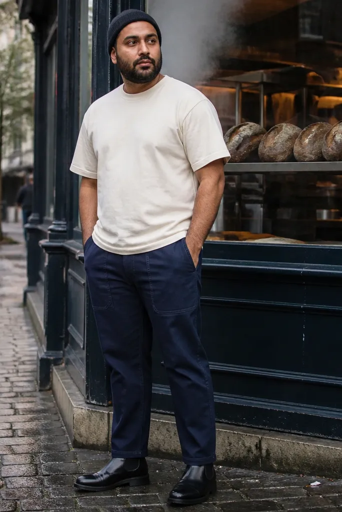 A casual outfit with navy chore pants, a cream tee, and black Chelsea boots. The pants have visible seams and a slightly relaxed fit.