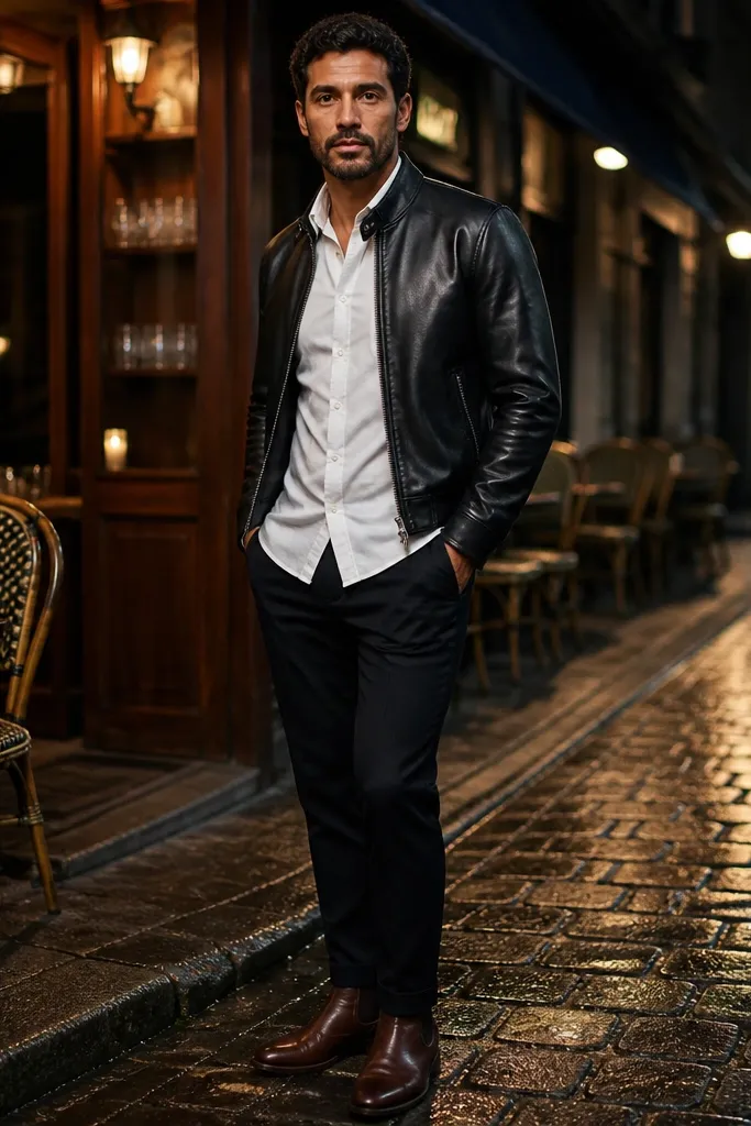 A rocker-casual look: black leather jacket over a white button-up, slim dark jeans, and brown leather Chelsea boots. The jacket zipper and collar are visible.