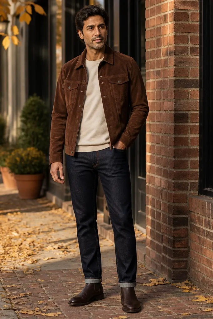 A tonal warm outfit with a brown suede jacket, cream T-shirt, dark jeans, and dark brown suede Chelsea boots. The suede textures match closely.