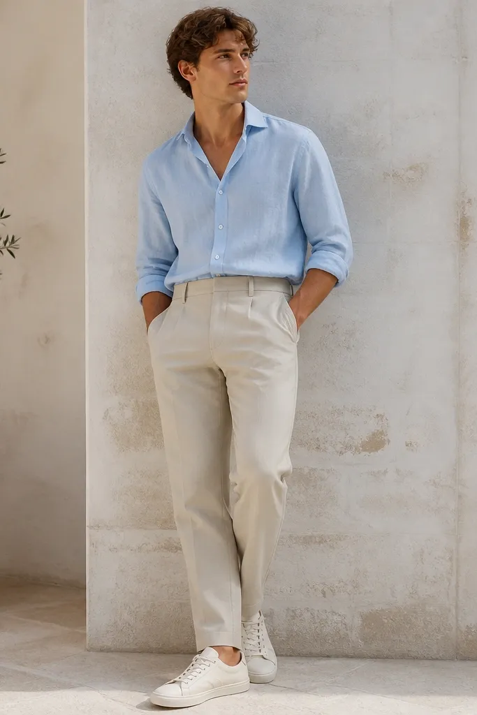 A pale sky-blue linen shirt with a relaxed collar worn tucked into stone twill trousers. The trousers sit at the natural waist, and the shoes are off-white canvas sneakers.
