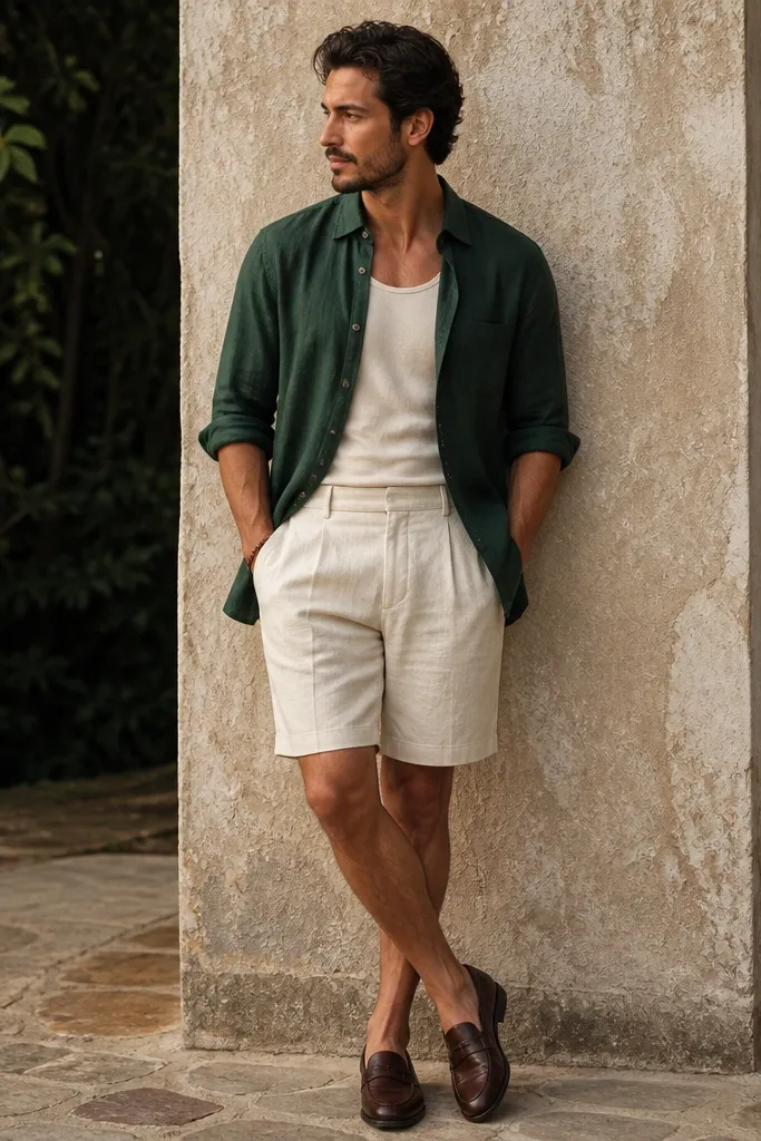 A deep forest green linen button-up worn open over an ecru tank, paired with ecru linen-blend shorts. Dark brown leather loafers and a simple bracelet are visible.