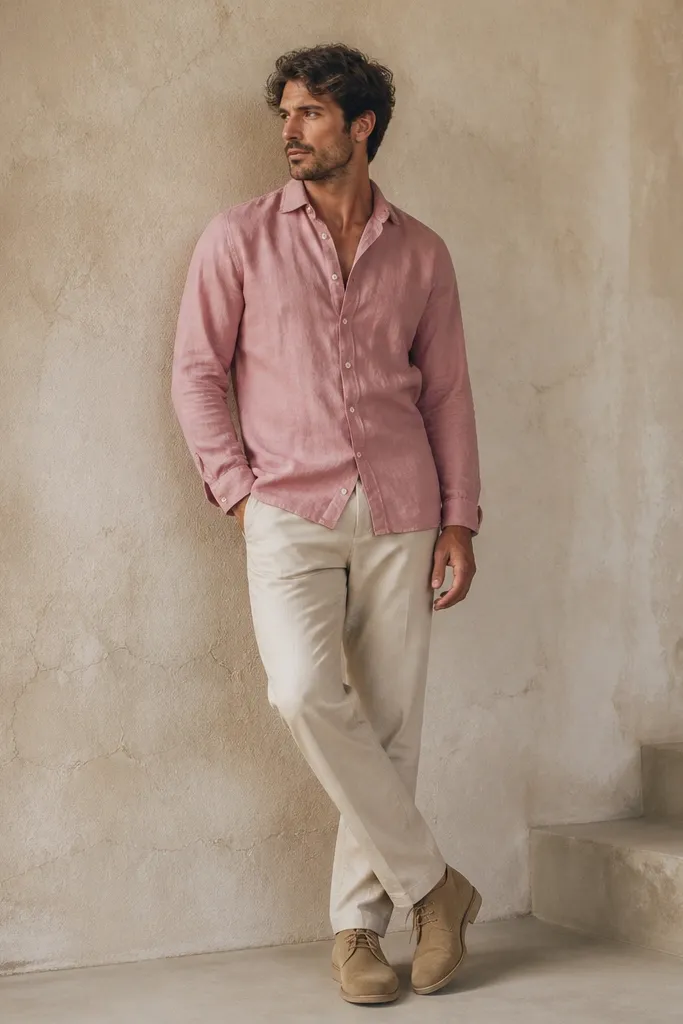 A dusty pink linen shirt worn half-buttoned with sleeves at the wrist, paired with natural canvas chinos. The shoes are tan suede desert boots.