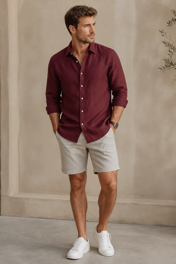 A burgundy linen shirt buttoned and worn with the sleeves rolled once, paired with light gray shorts. White sneakers and a dark brown leather strap watch are visible.