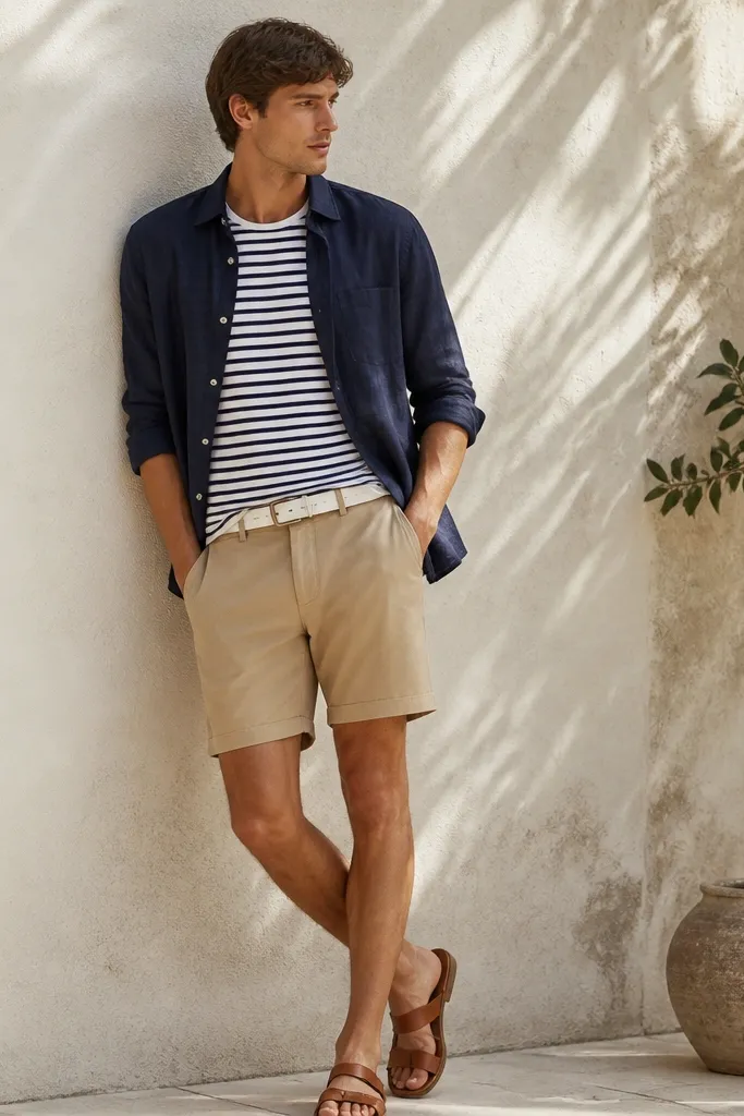A navy linen shirt worn open over a striped tee, paired with tan shorts. A white belt and tan leather sandals are visible.
