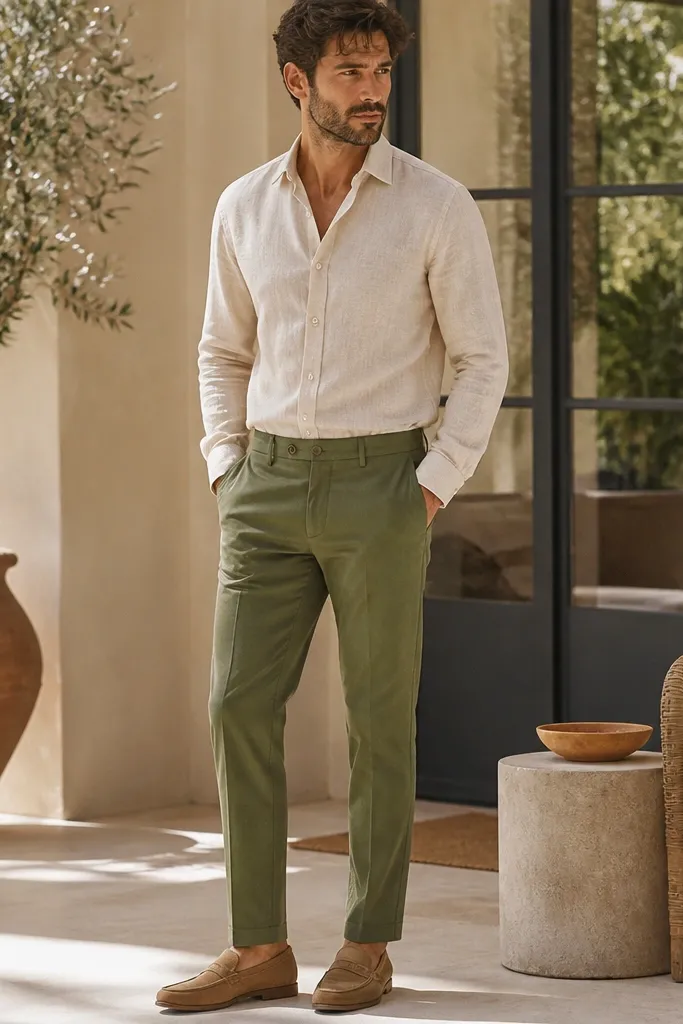 A sand beige linen shirt worn tucked into olive green chinos, sleeves down, paired with tan loafers. The background looks like a sunny patio.