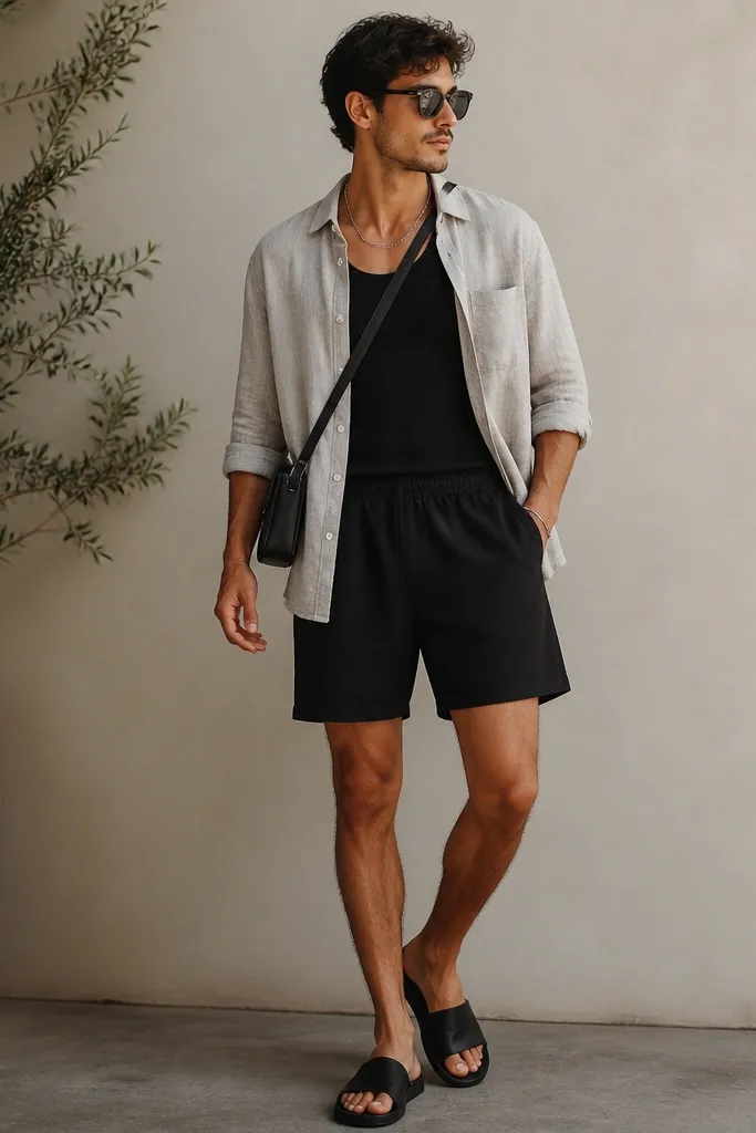 A light gray linen shirt worn open over a black tank, paired with black athletic shorts. Black slide sandals and a small crossbody bag are visible.
