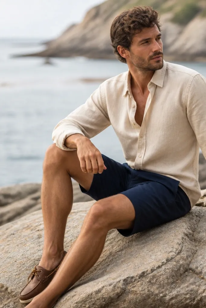 A cream linen shirt worn buttoned with the top two buttons open, paired with navy shorts. Brown boat shoes and a simple braided bracelet show up in the frame.