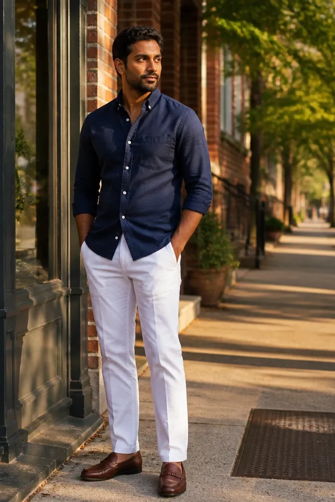 Navy Oxford shirt with white chinos and brown loafers
