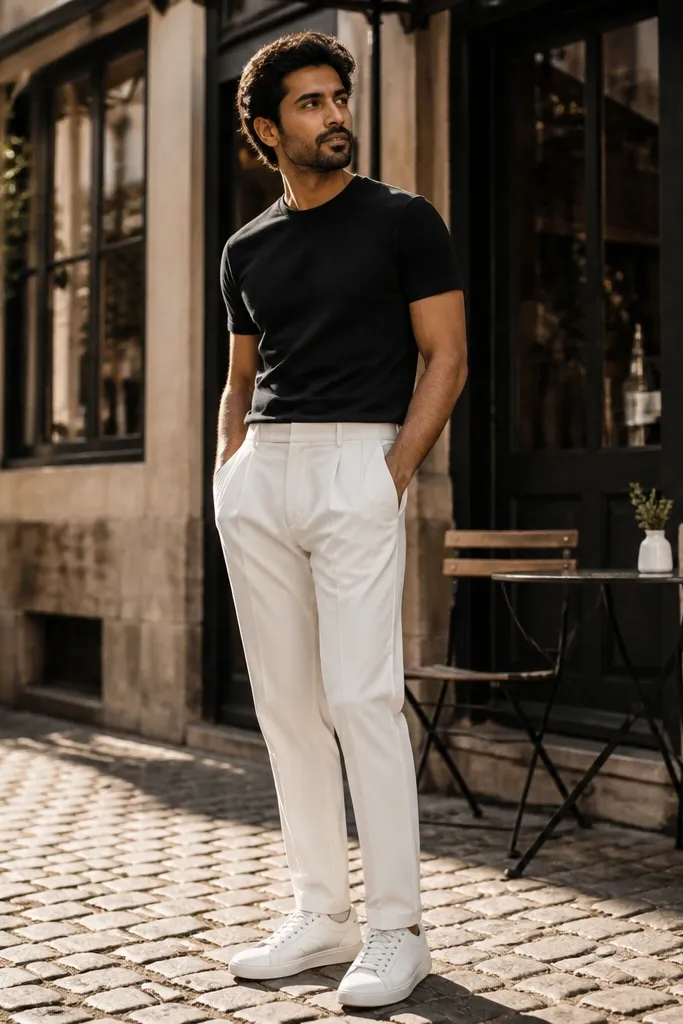 Black T-shirt tucked into white pleated trousers with white sneakers