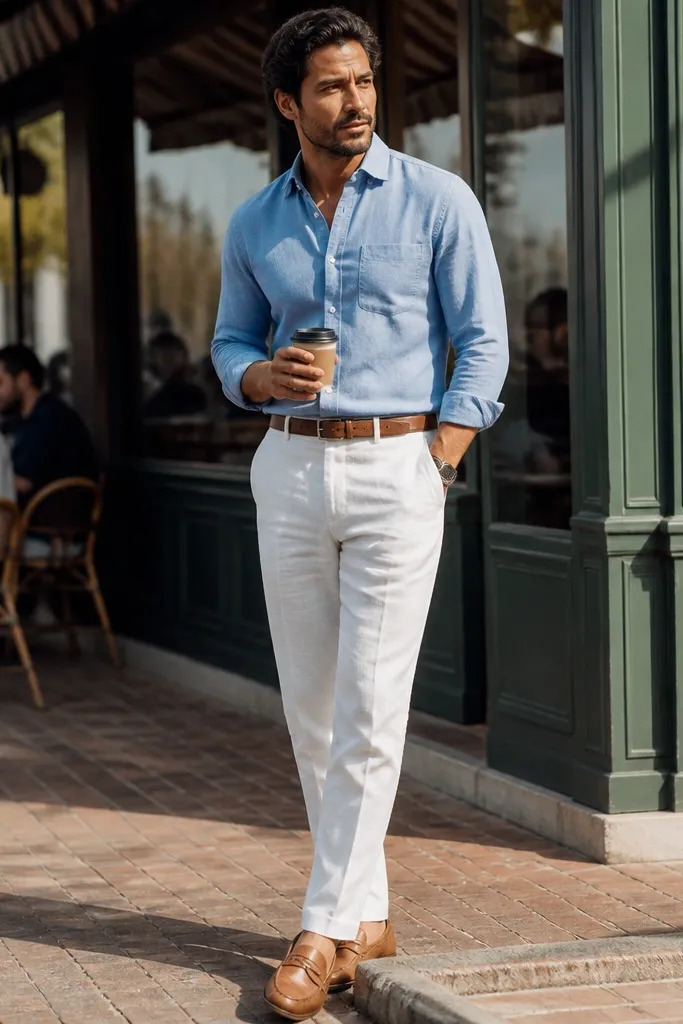 Light blue chambray shirt with white linen-cotton pants and tan belt