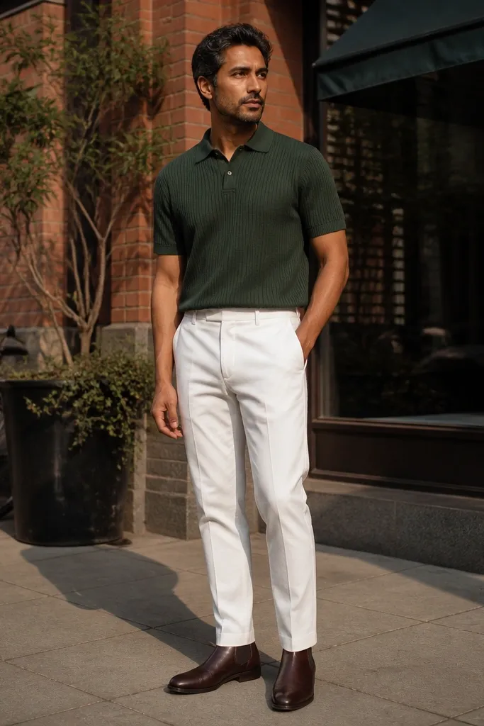 Forest green knit polo with white twill pants and dark brown boots