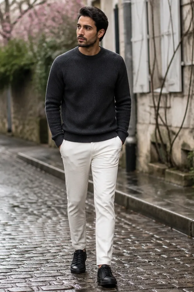 Charcoal crewneck sweater with white slim chinos and black leather sneakers