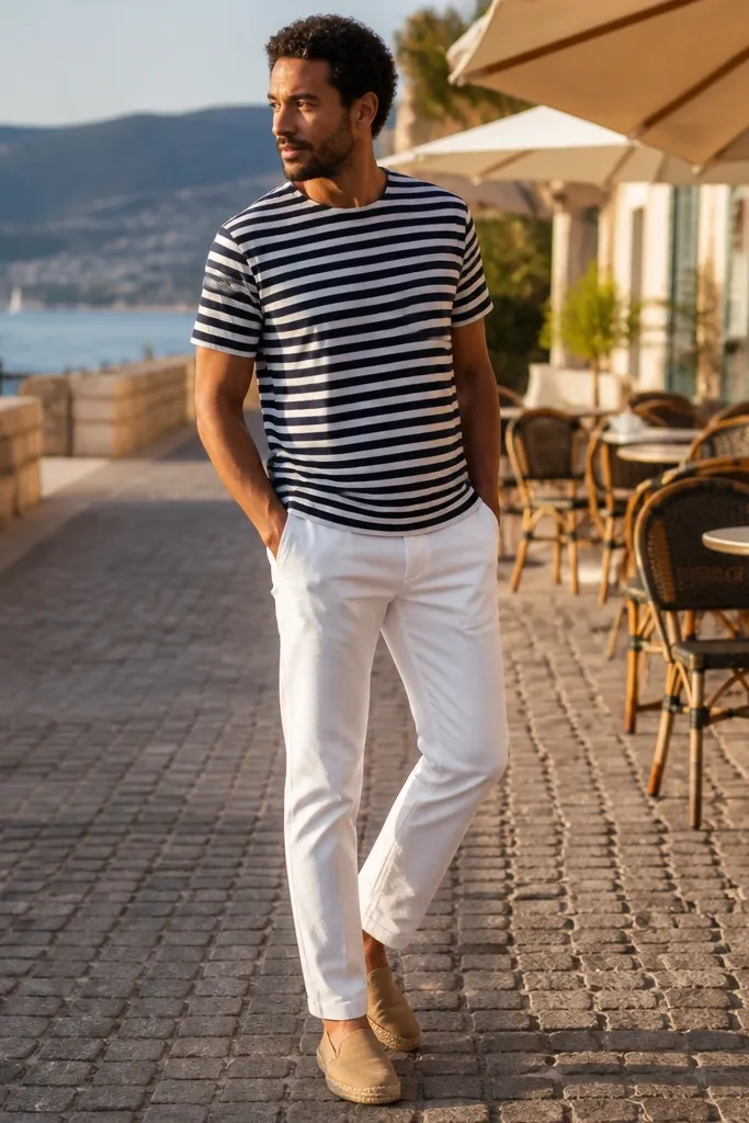 Navy and white striped tee with white pants and tan espadrilles
