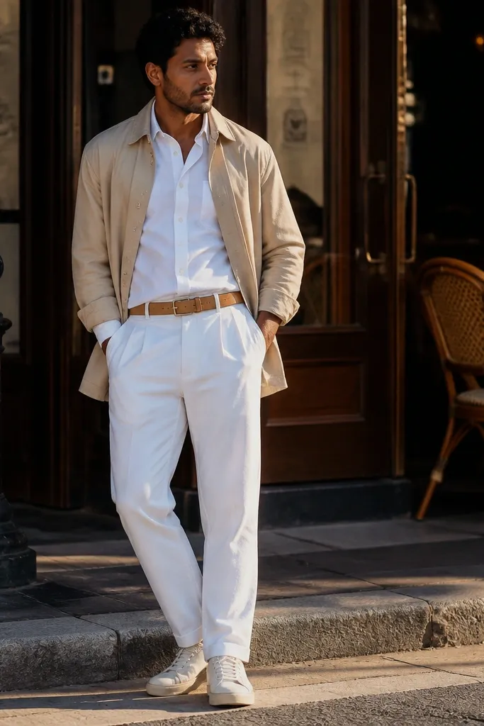 White button-up and white pants with a beige overshirt and tan shoes