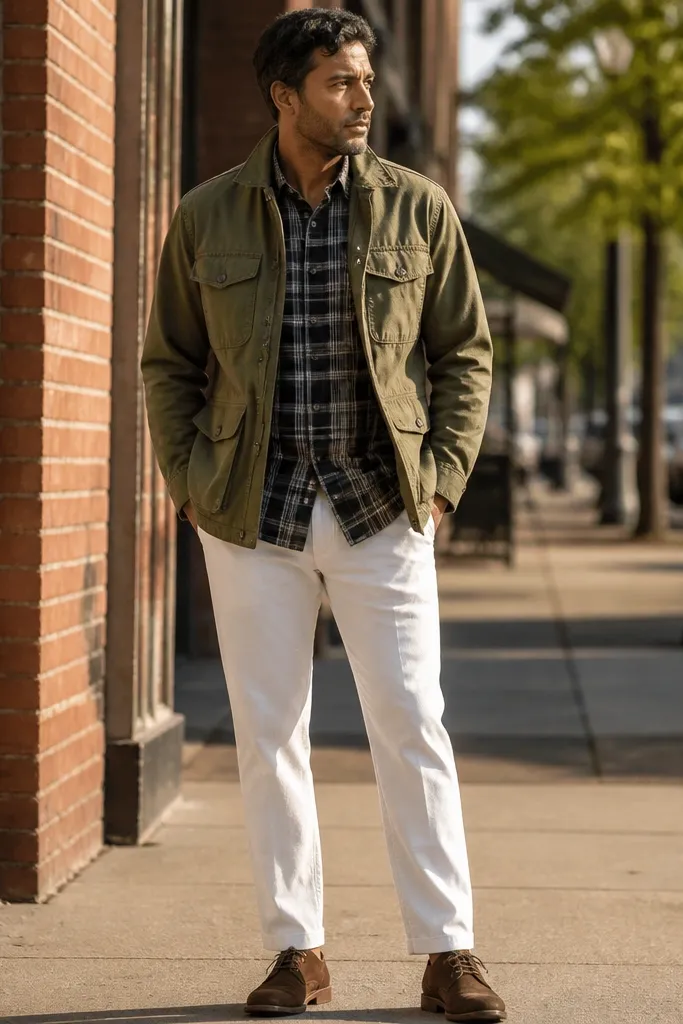 Olive utility jacket over a tee with white chinos and black watch