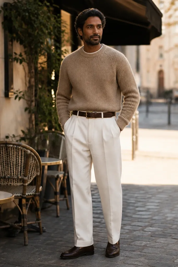 Tan knit sweater with white pleated pants and dark brown belt