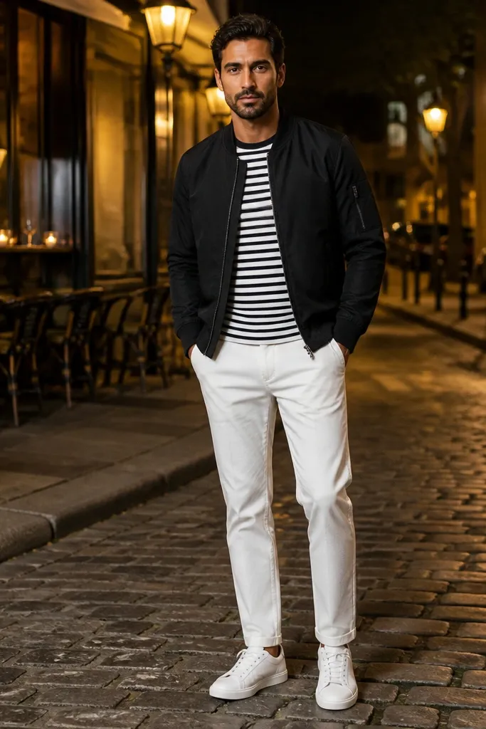 Black bomber jacket with a striped tee and white pants