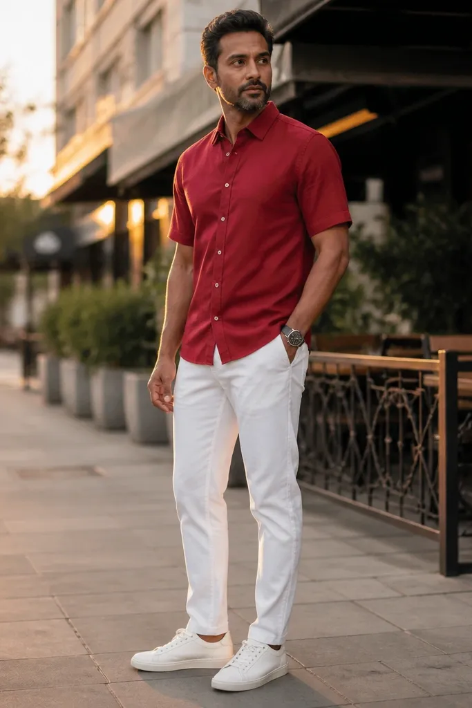 Red short-sleeve shirt with white chinos and white sneakers