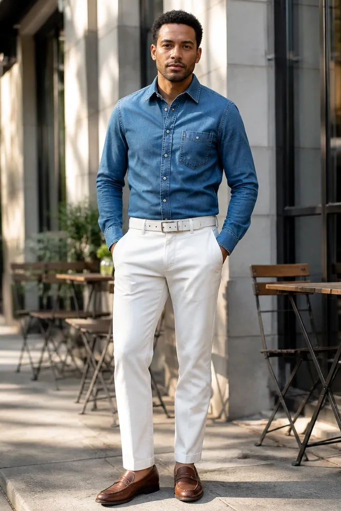 Blue denim shirt with white pants and a white leather belt