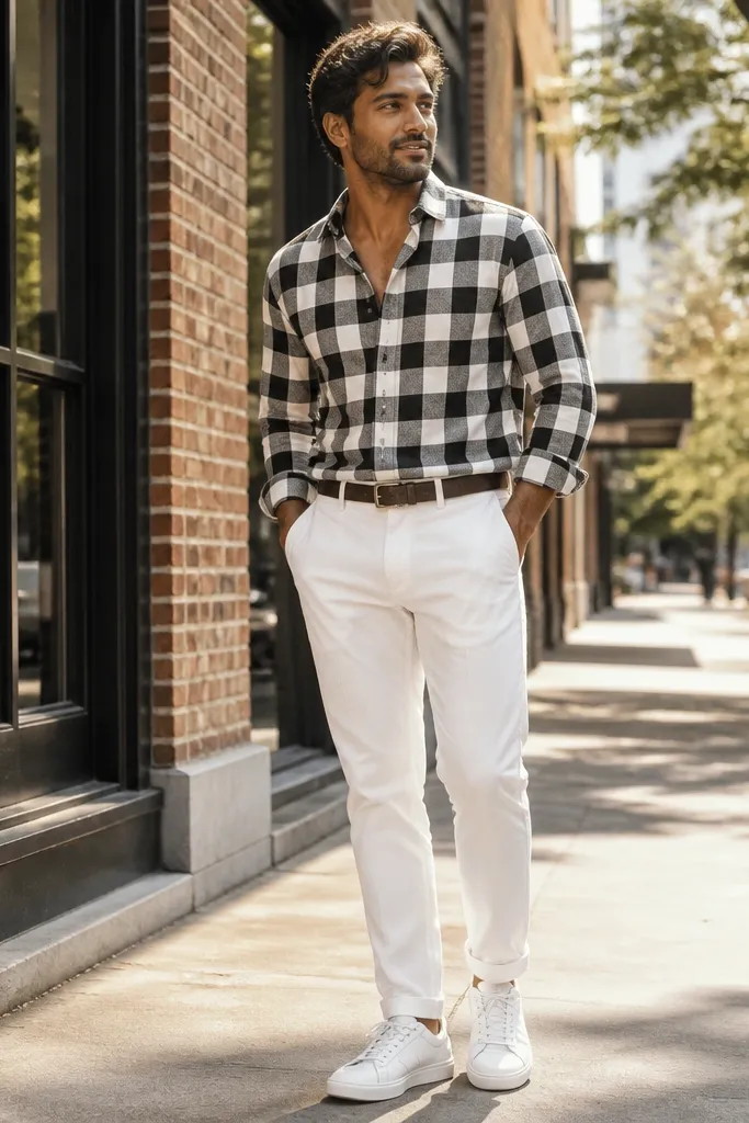 Black-and-white check button-up with white straight-leg pants
