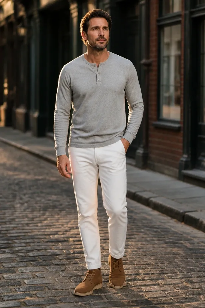 Gray henley shirt with white pants and tan suede chukka boots