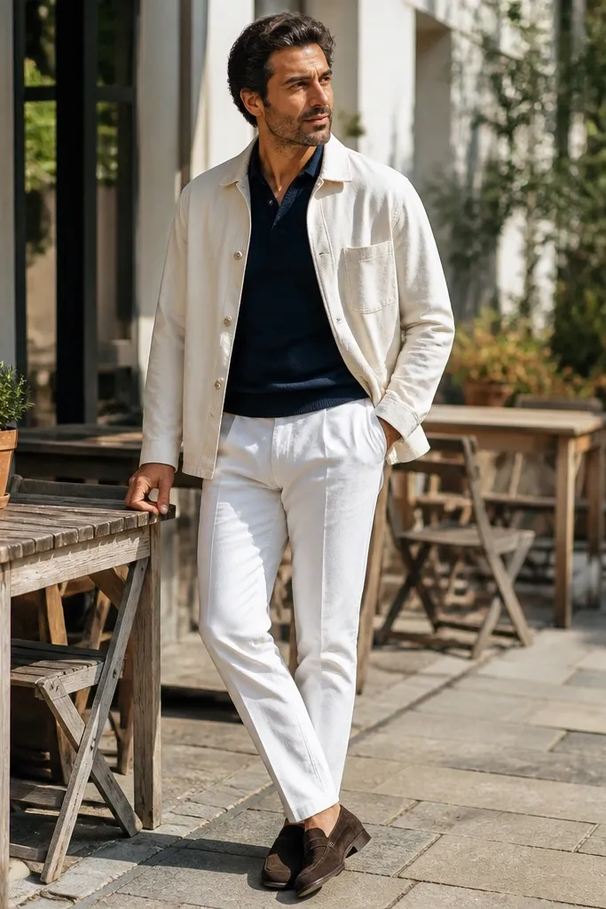 Navy polo with a cream overshirt and white pants
