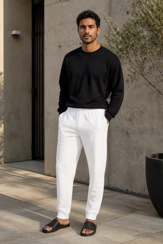 Black sweatshirt with white joggers and minimal slides