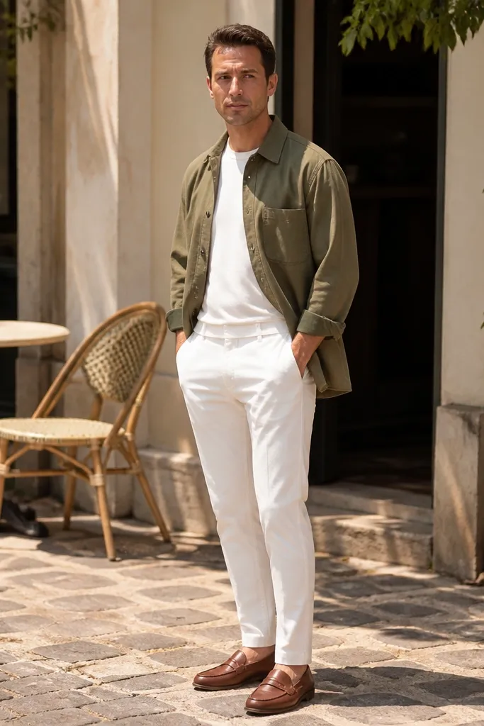 White T-shirt with olive overshirt and brown loafers