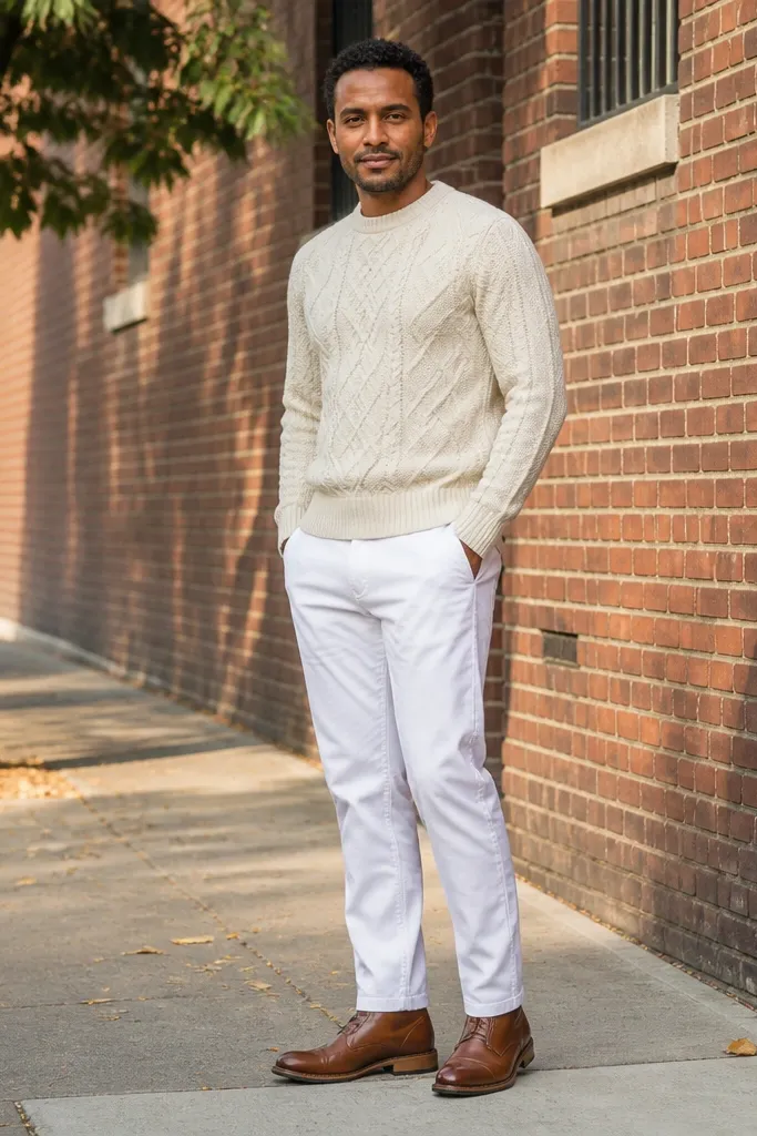 Cream cable knit sweater with white pants and cognac boots