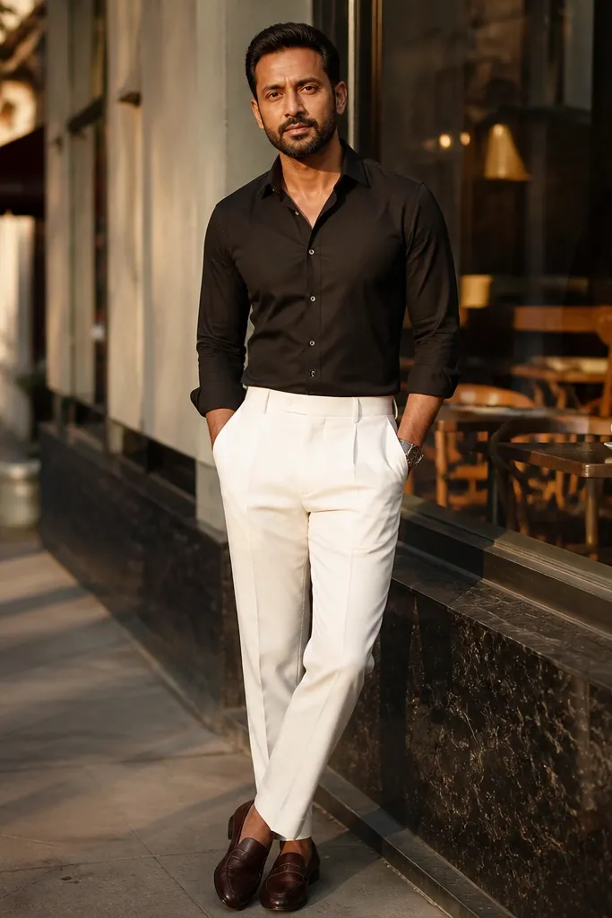 Black button-down shirt with rolled sleeves and white pants