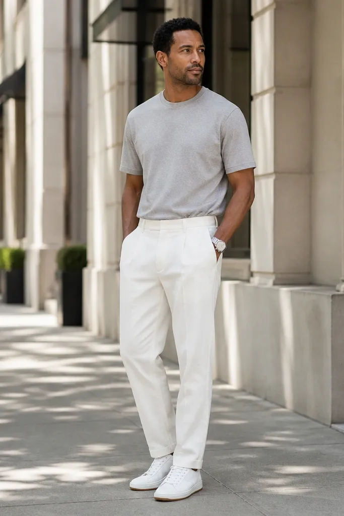Light gray T-shirt with white pants and minimal trainers