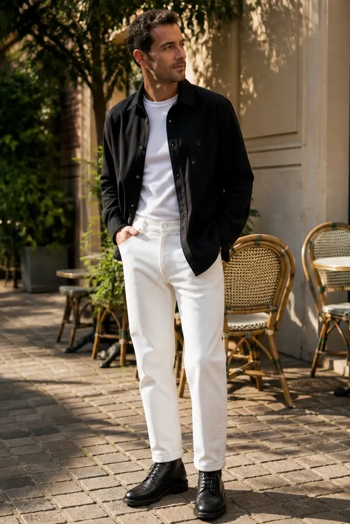 Black overshirt over a white tee with white pants and black boots