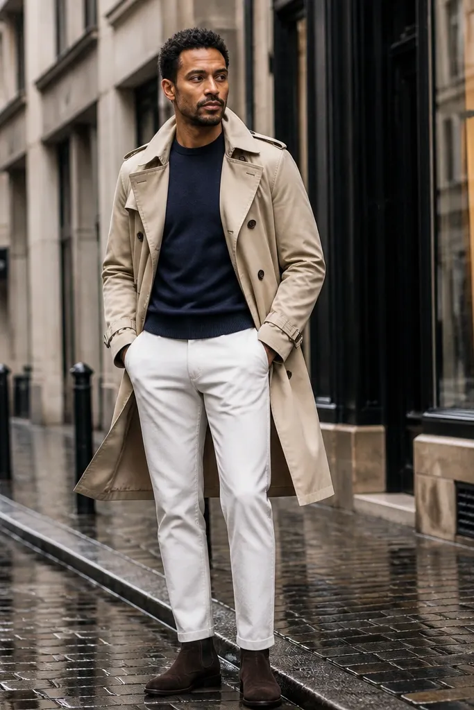 Navy crewneck with white pants and a beige trench coat
